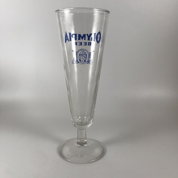 Vintage Olympia Beer Footed Pilsner Glass Blue Good Luck Horseshoe Logo Tumwater - Picture 3 of 7